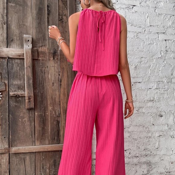 Pink Preppy Womens Ruffle Hem Tie Back Halter Top & Wide Leg Pants - Picture 2 of 5